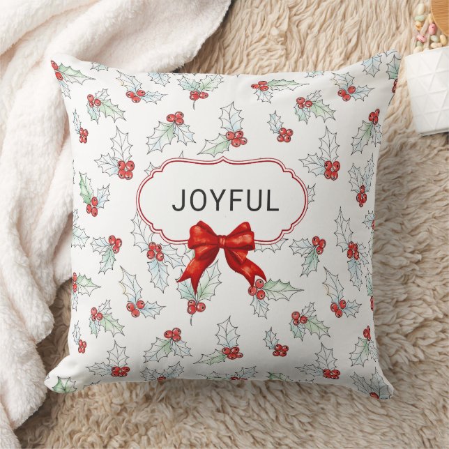 Watercolor Holly Leaves and Red Berries Custom  Kudde (Filt)