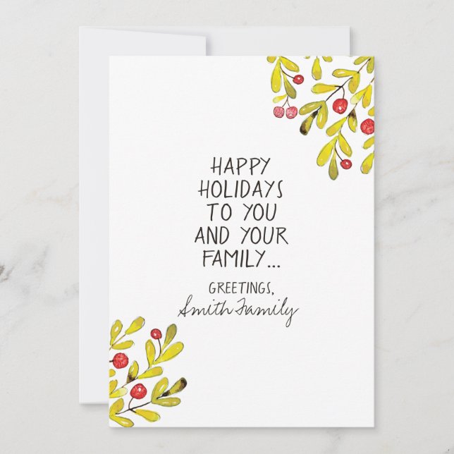 Watercolor Holly Lycklig Holiday Greetings Julkort (Framsida)