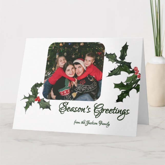 Watercolor Holly med Berries Photo jul Kort (Framsida)