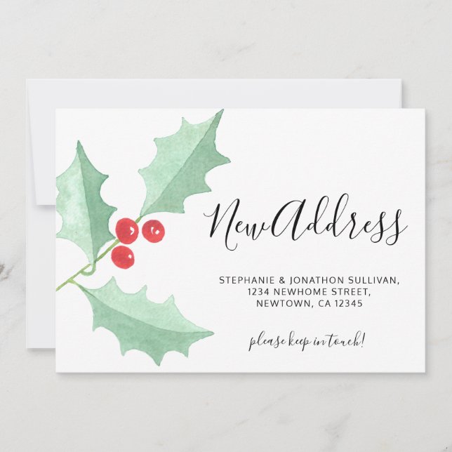 Watercolor Holly New Address Christmas Moving Meddelande (Framsida)