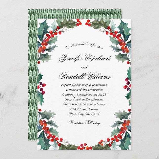 Watercolor Holly och Berries Helgdag Bröllop Inbjudningar (Fram/baksida)