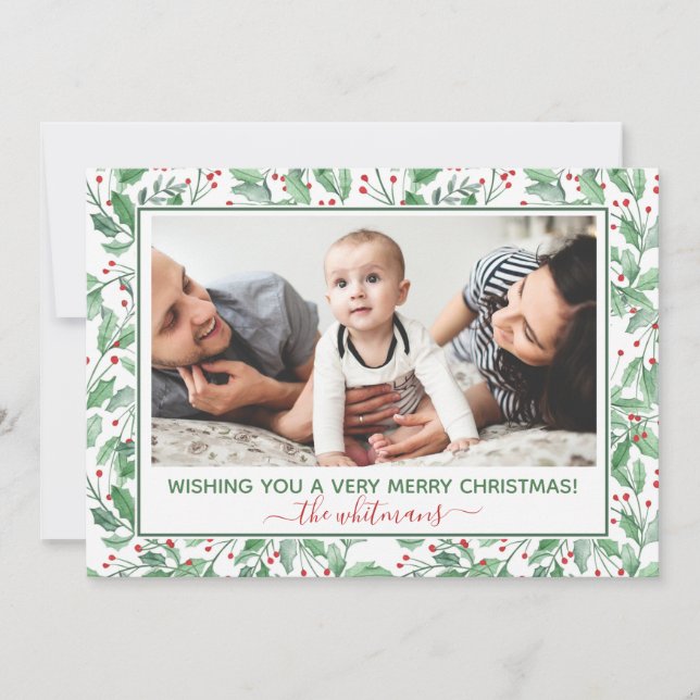 Watercolor Holly och Berries Photo Julkort (Framsida)