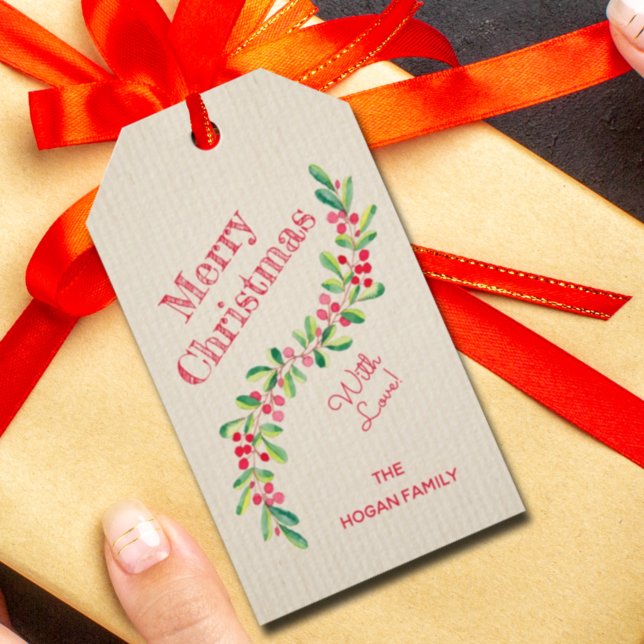 Watercolor Holly och Berries Swag jul Presentetikett (Skapare uppladdad)