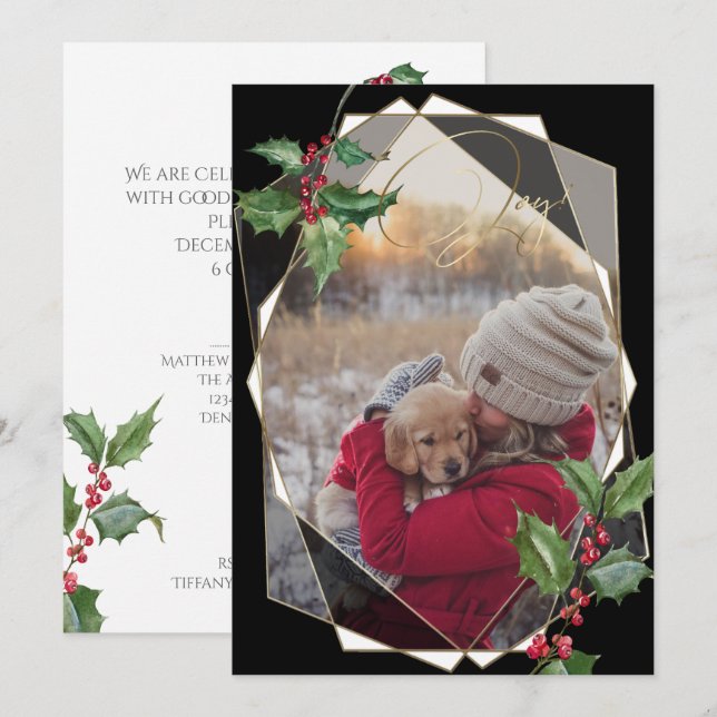 Watercolor Holly och Red Berries Black Inbjudningar (Fram/baksida)