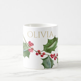 Watercolor Holly och Red Berries Kaffemugg