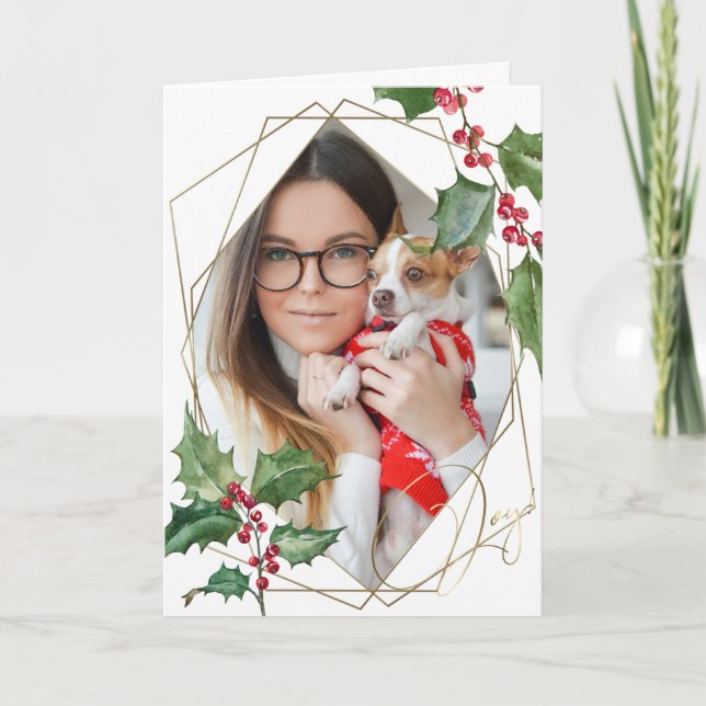 Watercolor Holly och Red Berries Kort (Framsida)