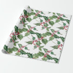 Watercolor Holly och Red Berries Presentpapper<br><div class="desc">Papper julklapp | Watercolor Holly och Red Berries mönster. Originalteckning © by WhimsicalArtwork™ Detta ingår i en blandning och matchar koordinerad Helgdag Watercolor Holly och Red Berries Collection.</div>