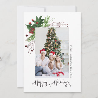 Watercolor Holly Photo Family Glad helg Julkort
