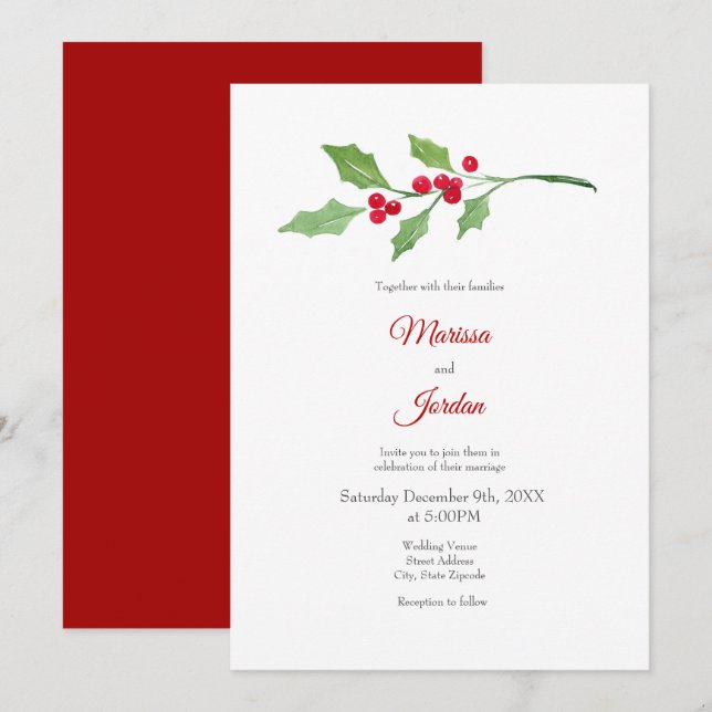 Watercolor Holly Sprig Inbjudningar (Fram/baksida)