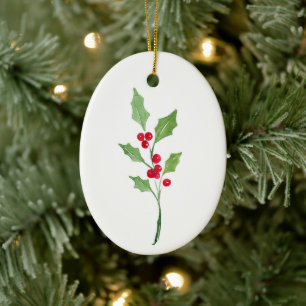 Watercolor Holly Sprig Julgransprydnad Keramik