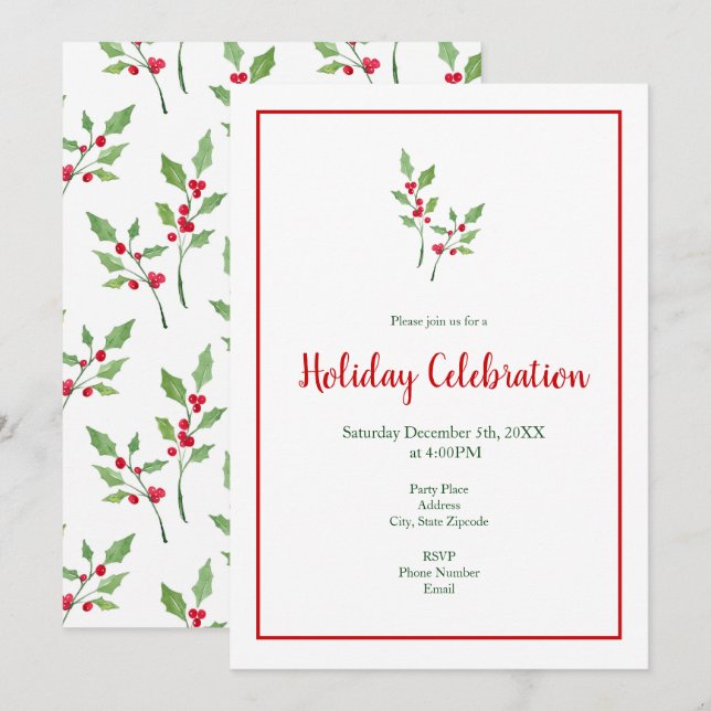Watercolor Holly Sprigs och Mönster Inbjudningar (Fram/baksida)