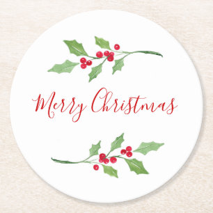 Watercolor Holly Sprigs Underlägg Papper Rund