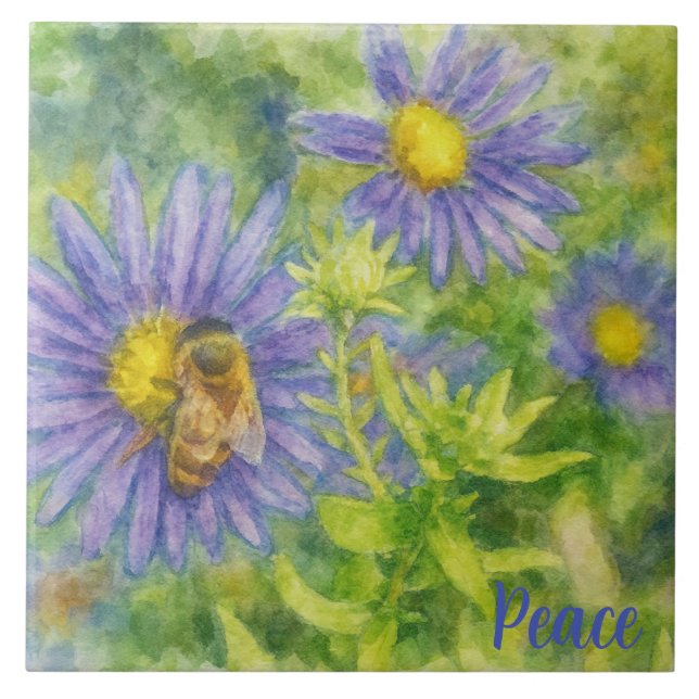 Watercolor Honeybee on Flowers Kakelplatta (Framsidan)