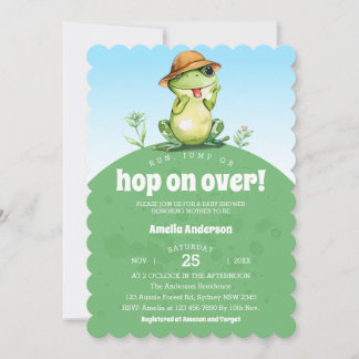 Watercolor Hop On Over Cute Frog Baby Shower Inbjudningar