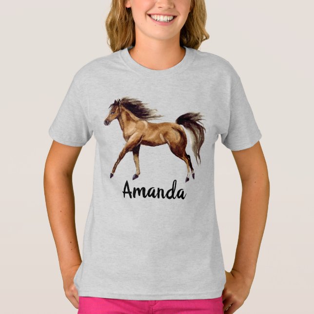 Watercolor Horse Namn Monogram T Shirt (Framsida)