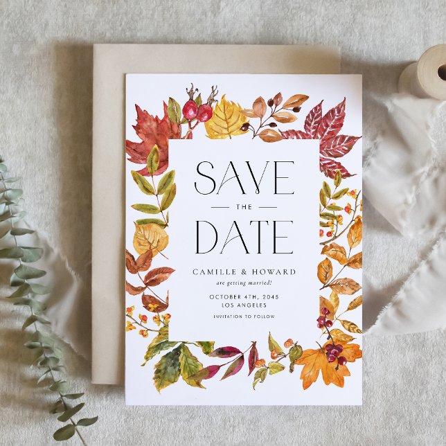 Watercolor Höst löv Ram Fall Spara Datumet (Customizable Fall Save the Date Announcement Card with Autumn Foliage Frame)