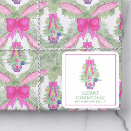 Watercolor Hot Pink Bow Ginger Jar Christmas Gift Fyrkantigt Klistermärke