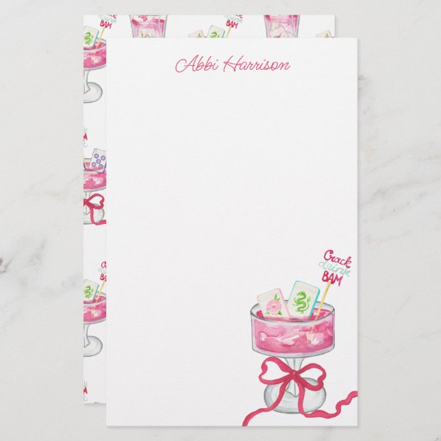 Watercolor Hot Pink Mahjong Cocktails Brevpapper (Fram/baksida)