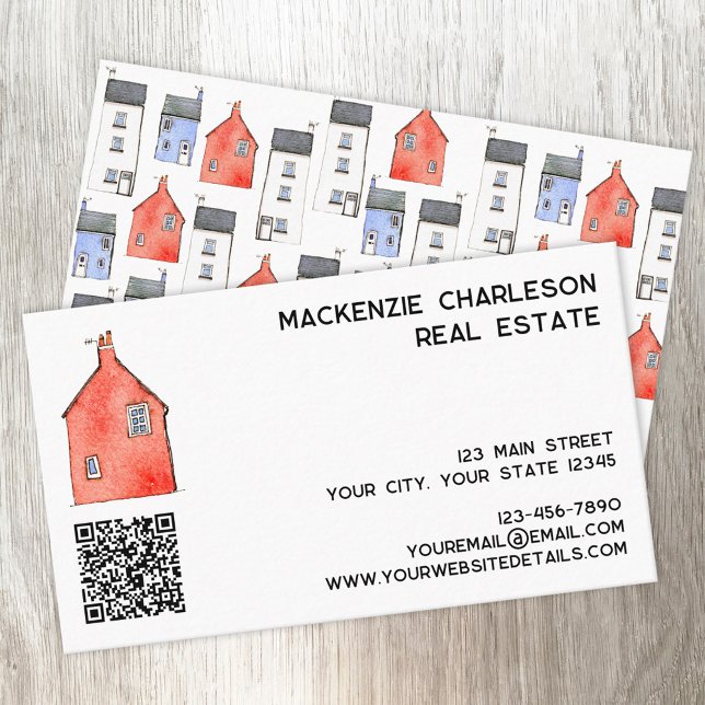 Watercolor House Art QR-kod Real Gods Visitkort (Watercolor house art QR code custom text business card for real estate letting agent home services)