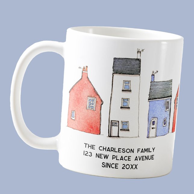Watercolor House New Home Personlig Kaffemugg (Watercolor house and cottage art personalized name and address mug for new home or housewarming gift)