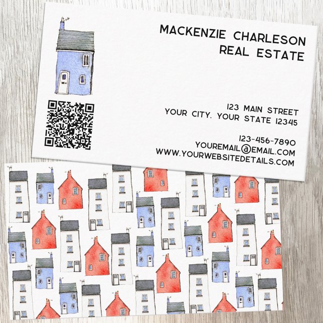 Watercolor House QR-kod Visitkort (Watercolor house QR code business card suitable for real estate agent, builder, home renovation etc)