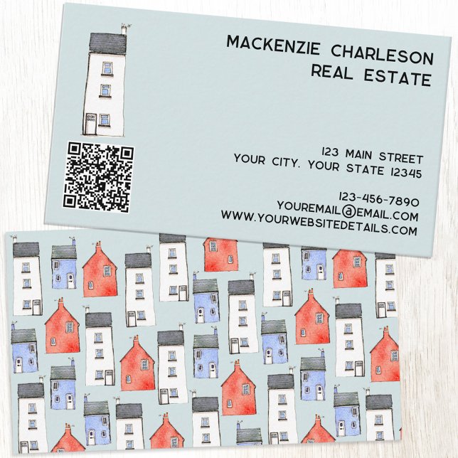 Watercolor House QR-kod Visitkort (Watercolor house QR code custom business card for real estate agent, builder, home renovations)