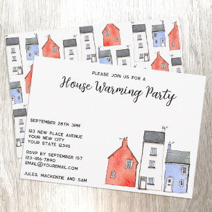 Watercolor Houses Warming Party Inbjudningar