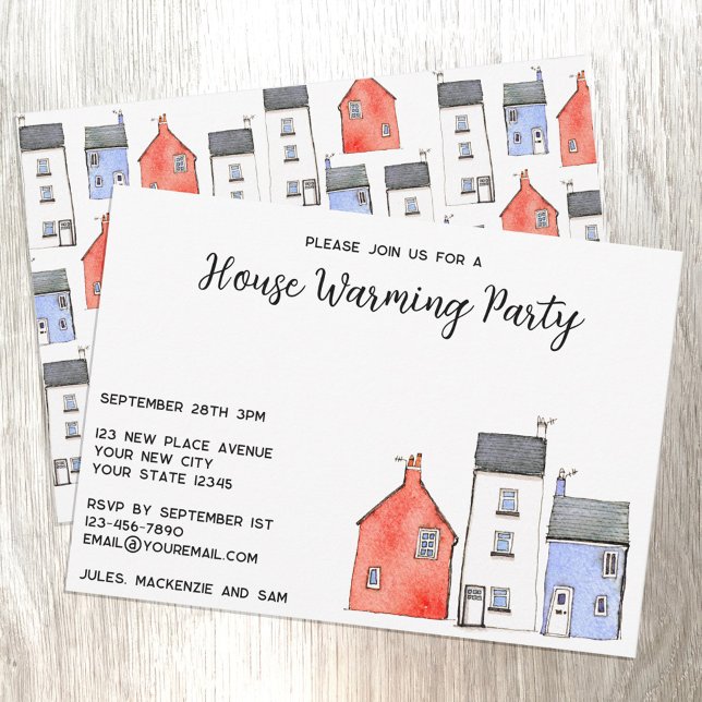 Watercolor Houses Warming Party Inbjudningar (Watercolor houses custom personalized housewarming party invitation)