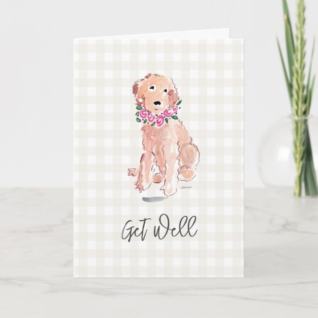 Watercolor Hund Flowers Get well Gingham Sweet Kort (Framsida)