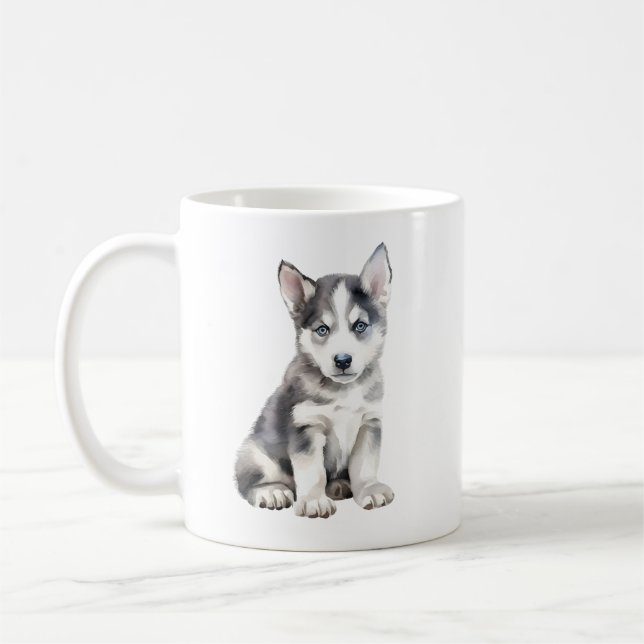 Watercolor Husky Hund Kaffemugg (Vänster)