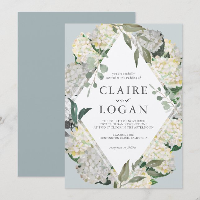 Watercolor Hydrangea Dusty Blue Rhonbus Bröllop Inbjudningar (Fram/baksida)