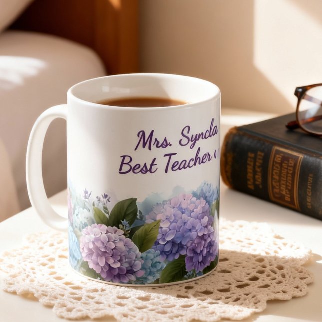 Watercolor Hydrangea Teacher Appreciation Script Kaffemugg (Skapare uppladdad)