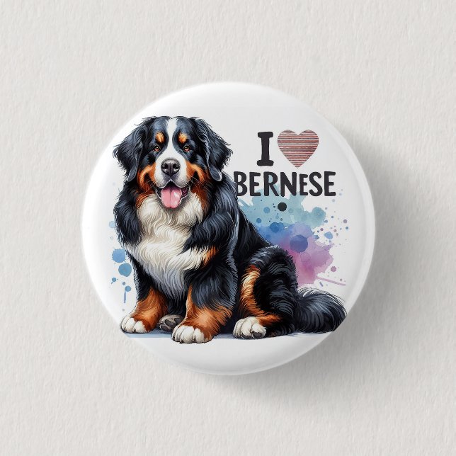 Watercolor I Kärlek My Bernese Mountain Hund Knapp (Framsida)