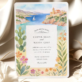 Watercolor Ibiza Coastal Castle Bröllop Inbjudningar