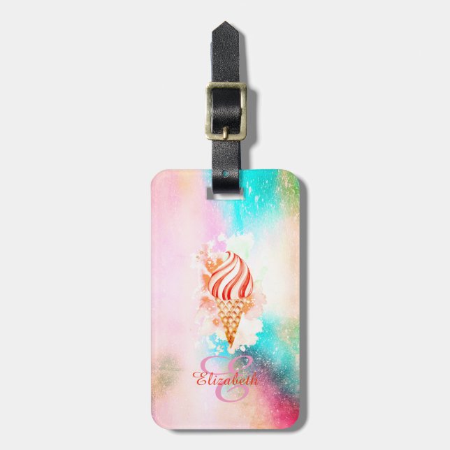 Watercolor Ice Cream Cone Monogram Bagagebricka (Vertikal Framsida)