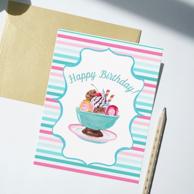 Watercolor Ice Cream Sundae Birthday Kort (Skapare uppladdad)