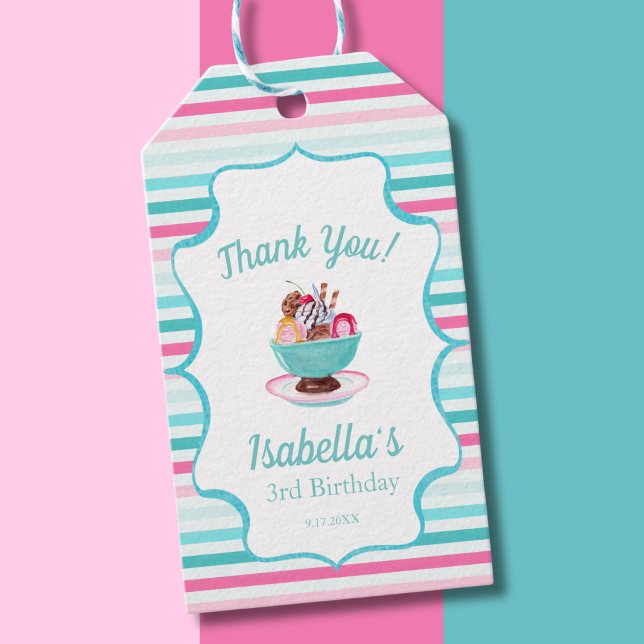 Watercolor Ice Cream Sundae Tack Birthday Presentetikett (Skapare uppladdad)