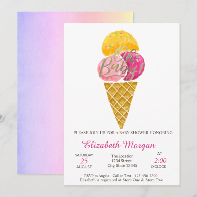 Watercolor Ice-kräm Oh Baby Summer Baby Shower Inbjudningar (Fram/baksida)