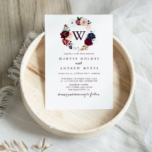 Watercolor Illustrated Blommigt Monogram Bröllop Inbjudningar
