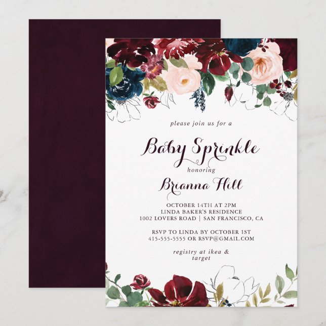 Watercolor Illustrated Calligraphy Baby Sprinkle Inbjudningar (Fram/baksida)