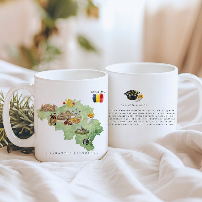 Watercolor Illustrated Map Belgium | Monogram Kaffemugg (Skapare uppladdad)