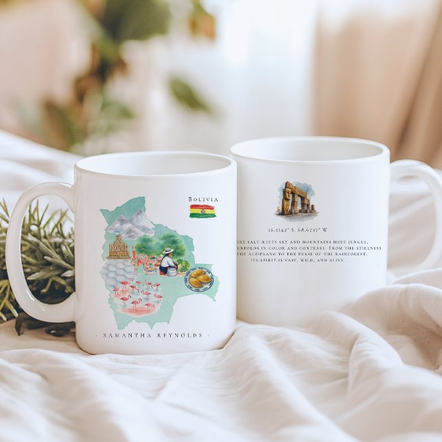 Watercolor Illustrated Map Bolivia | Monogram Kaffemugg (Skapare uppladdad)