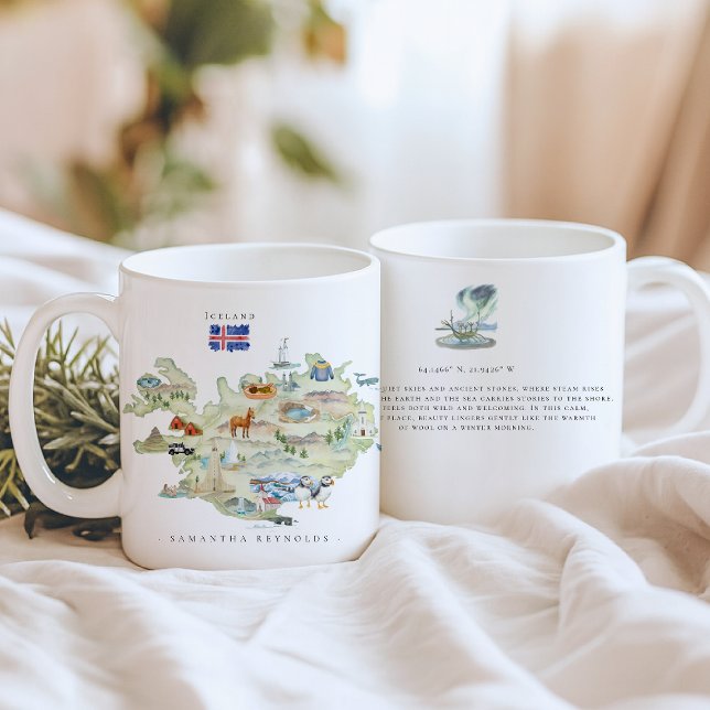 Watercolor Illustrated Map Iceland | Monogram Kaffemugg (Skapare uppladdad)
