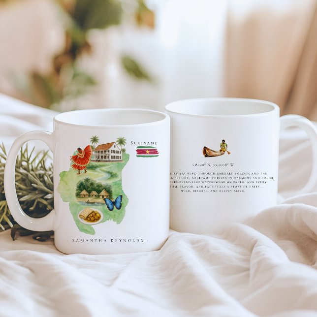 Watercolor Illustrated Map Suriname | Monogram Kaffemugg (Skapare uppladdad)