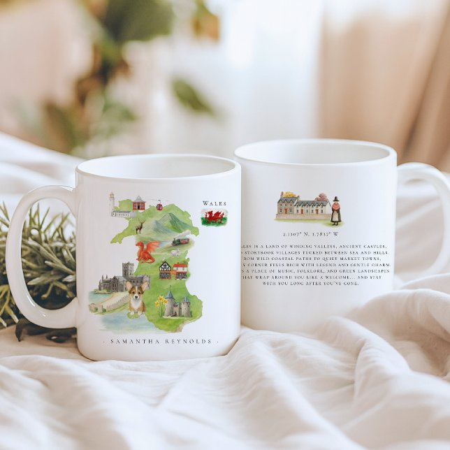 Watercolor Illustrated Map Wales | Monogram Kaffemugg (Skapare uppladdad)