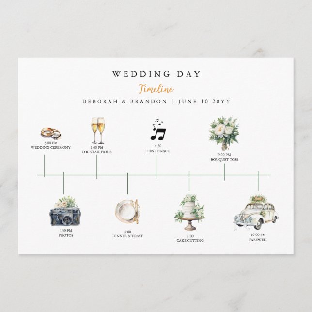 Watercolor Illustrated Wedding day Timeline  Program (Framsida)
