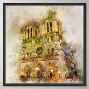 Watercolor Illustration Notre Dame Cathedral Paris Fototryck