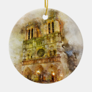 Watercolor Illustration Notre Dame Cathedral Paris Julgransprydnad Keramik