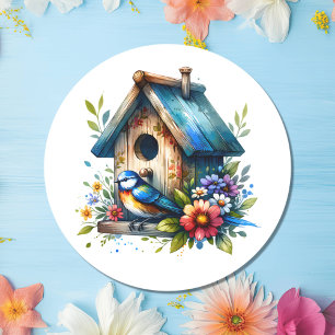 Watercolor Illustration of Birdhouse and Bird Runt Klistermärke