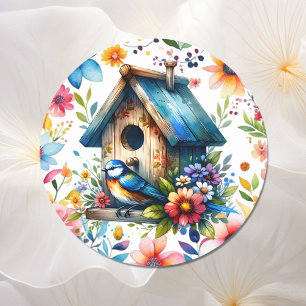 Watercolor Illustration of Birdhouse and Bird Runt Klistermärke